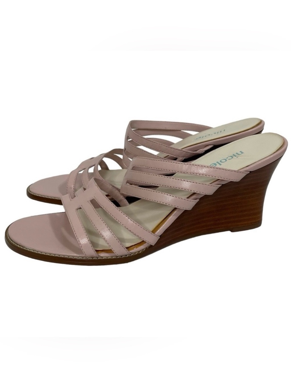 Nicole Padlock Leather Strappy Wedge Heeled Summer Sandals Light Pink Size 8M